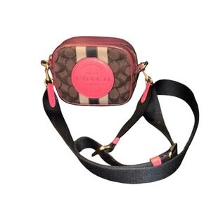 Coach Jamie Camera Bag Signature Canvas Varsity Stripe Pink Brown Crossbody